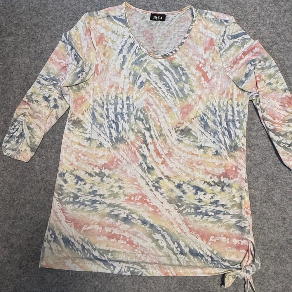 ISCA Women Multicolor Abstract Watercolor Ruched 3/4 Sleeve Side Tie Top XL